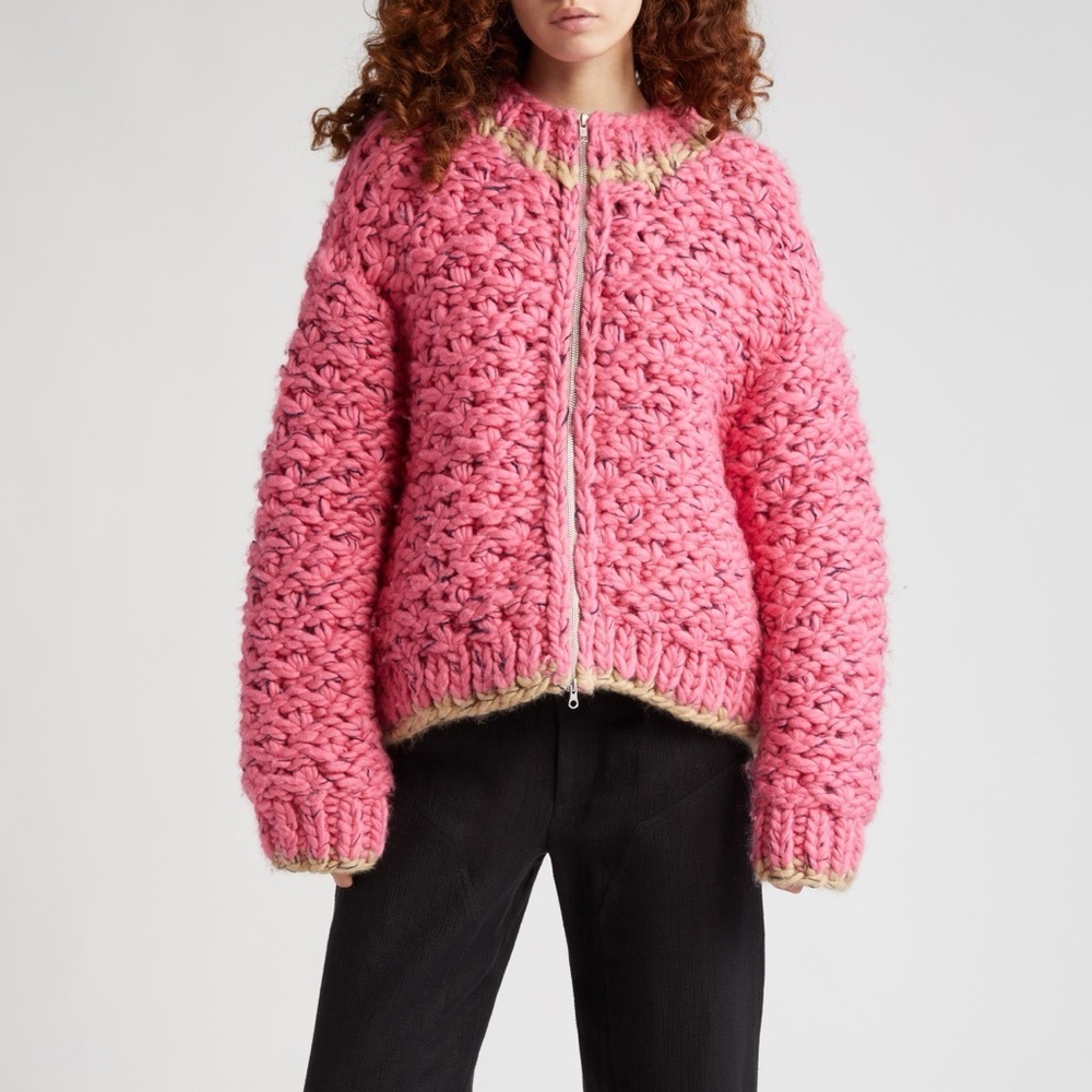 NWT ECKHAUS LATTA Hand Knit Wool & Cotton Bomber Sweater in Hibiscus Medium